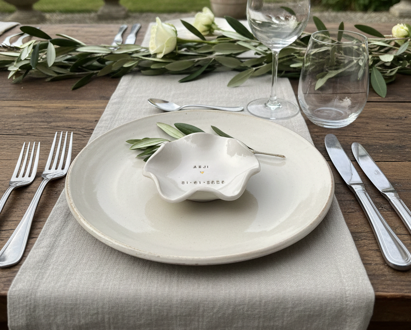 Detailaufnahme eines kleinen Giveaways aus echtem Ton für Hochzeitsgäste. Die Schale hat einen Durchmesser von 9 cm und zeigt eine zarte Personalisierung. Perfekt für das Midimalism Konzept und als bleibende Erinnerung an die Bridal Era.